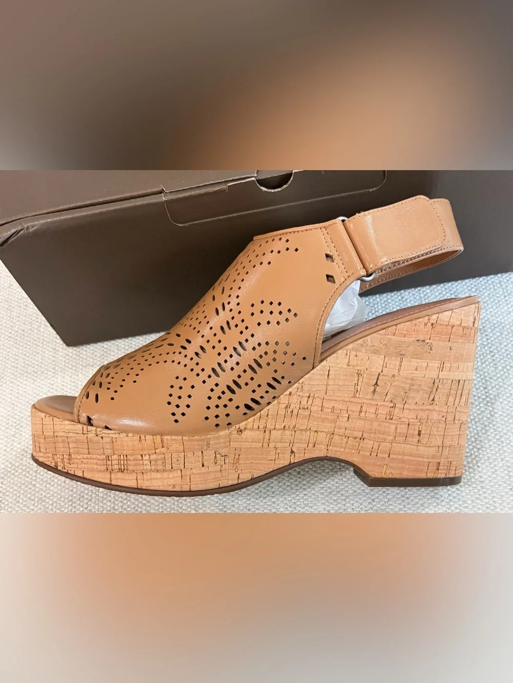 NIB SZ 9 Linea Paolo Tan Viviana Camel Nappa Cork Wedge Slingback Sandals